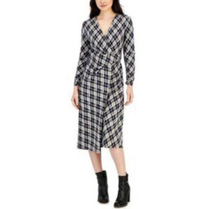 Tommy Hilfiger Argyle Plaid faux Wrap Dress Womens Size XL heavy black gray long